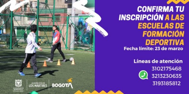 Hasta el 23 de marzo podrás confirmar tu inscripción a las Escuelas de Formación Deportiva de Los Mártires Hasta el 23 de marzo podrás confirmar tu inscripción a las Escuelas de Formación Deportiva de Los Mártires